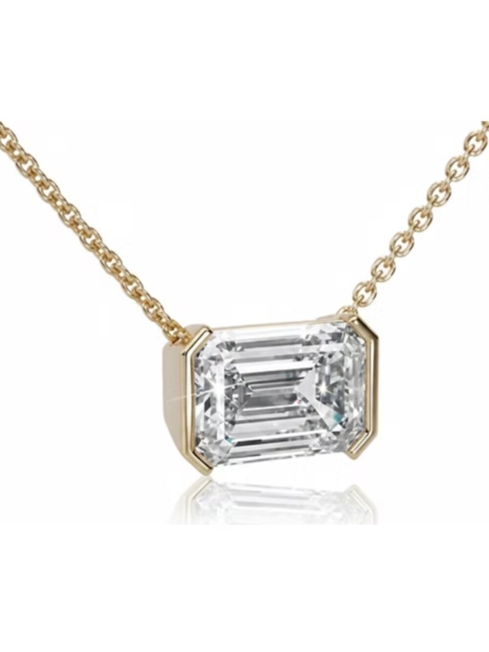 14k Gold 1ct Lab Emerald Cut Diamond East West Half Bezel Set Pendant Necklace